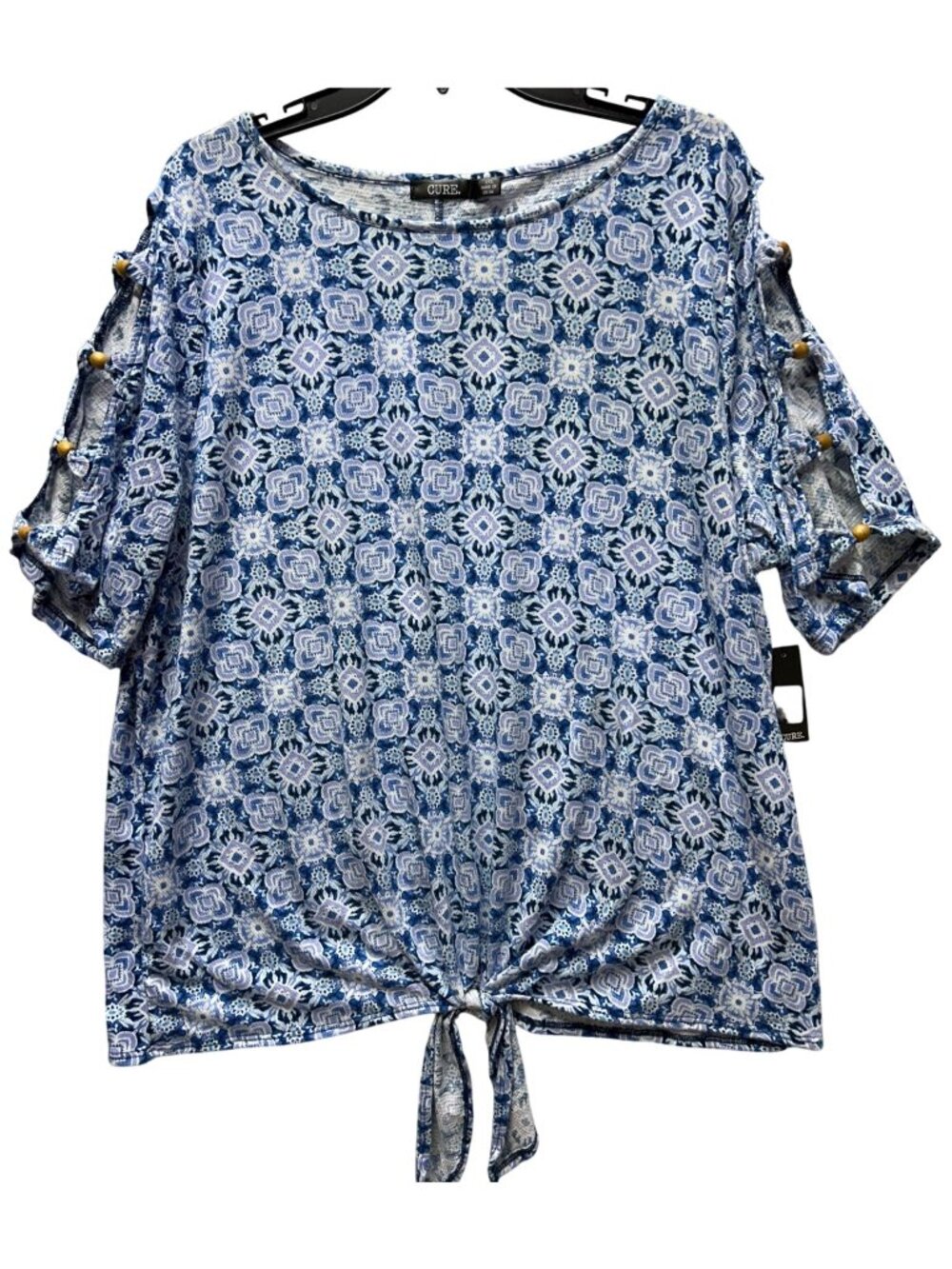 Cure 2XL Floral Print Blue & White Top With Beaded Sleeves Tie Front & Lightweig